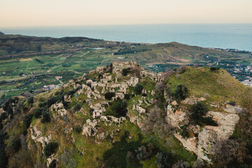 Fototapeta na wymiar Ancient ruins of Brancaleone on the top of the mountain. Aspromonte Calabria