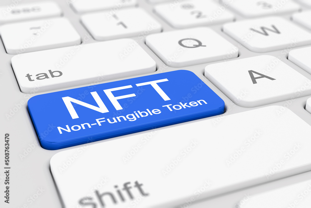 Poster 3d render of a keyboard with blue nft button.