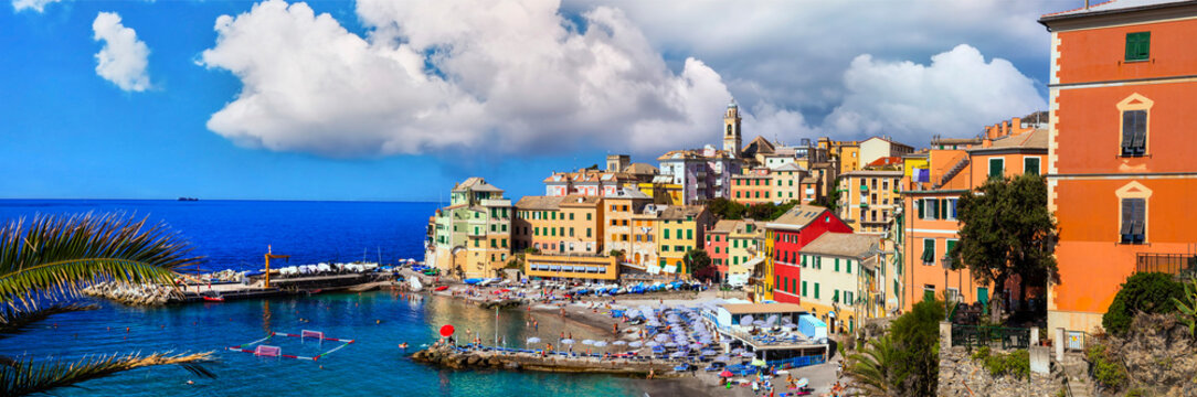 Italy Liguria Scenic 14K Panorama of Bogliasco Village Near Genoa with Colorful Houses Tiny Beach and Umbrellas Italian Riviera Mediterranean Summer Travel Hidden gems