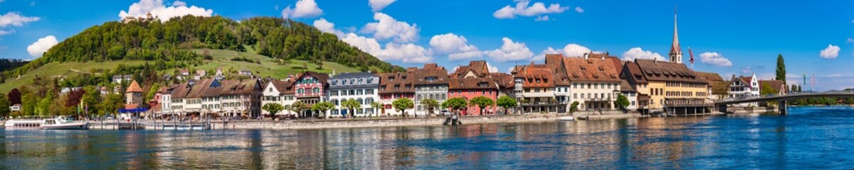 Fototapeta na wymiar panoramic view of beautiful old town Stein am Rhein in Switzerland border with Germany. Popular tourist destination