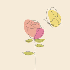 Flower with butterfly  in one continuous line art style with abstract shapes. Vector illustrations for decoration, graphic design, logo.