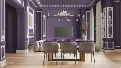 Modern furniture in classic apartment in purple tones, living and dining room with table and armchairs, sofa, pendant lamps. Plaster molded walls and parquet. Vintage interior design