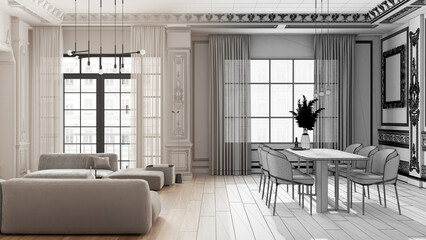 Architect interior designer concept: hand-drawn draft unfinished project that becomes real, living and dining room with table and armchairs, sofa. Plaster molded walls and parquet