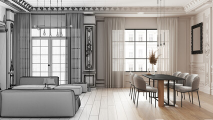 Architect interior designer concept: hand-drawn draft unfinished project that becomes real, living and dining room with table and armchairs, sofa. Plaster molded walls and parquet