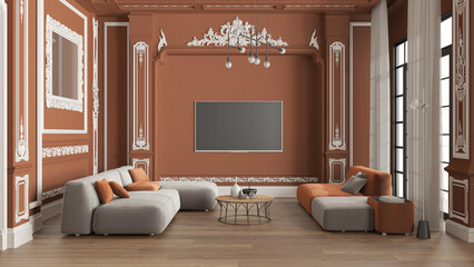 Modern furniture in classic apartment in orange tones, living room with table and armchairs, sofa with table, pendant lamps. Plaster molded walls and parquet. Vintage interior design