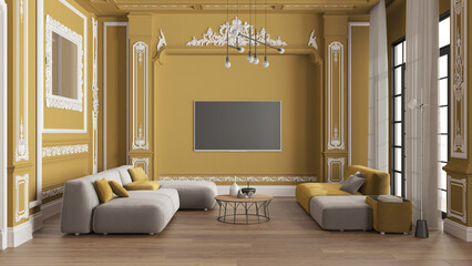 Modern furniture in classic apartment in yellow tones, living room with table and armchairs, sofa with table, pendant lamps. Plaster molded walls and parquet. Vintage interior design