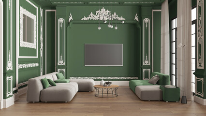 Modern furniture in classic apartment in green tones, living room with table and armchairs, sofa with table, pendant lamps. Plaster molded walls and parquet. Vintage interior design