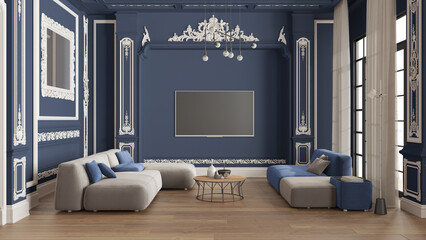 Modern furniture in classic apartment in blue tones, living room with table and armchairs, sofa with table, pendant lamps. Plaster molded walls and parquet. Vintage interior design