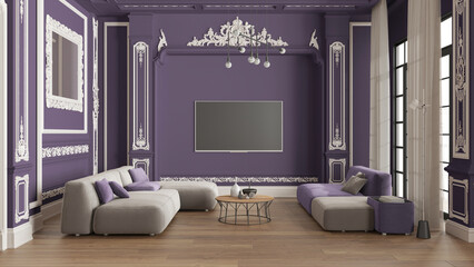 Modern furniture in classic apartment in purple tones, living room with table and armchairs, sofa with table, pendant lamps. Plaster molded walls and parquet. Vintage interior design