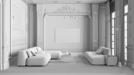 Total white project draft, modern furniture in classic apartment, living room with table and armchairs, sofa with table, lamps. Plaster molded walls, parquet. Vintage interior design