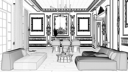 Blueprint project draft, minimalist furniture in classic apartment, living and dining room with table and armchairs, sofa. Plaster molded walls and parquet. Baroque interior design