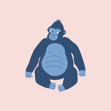 Sad hungry gorilla hand drawn vector illustration. Isolated safari animal in flat style for kids logo or icon.