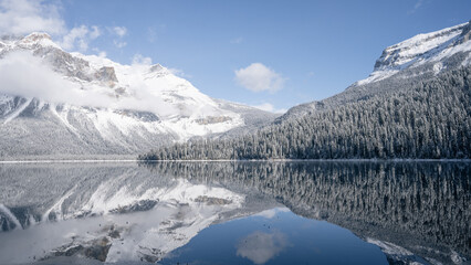 Still alpine lake reflecting its winter surroundings like a mirror, wide, Yoho N. Park, Canada