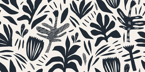 Hand drawn minimal abstract botanical shapes pattern. Collage contemporary print. Fashionable template for design.