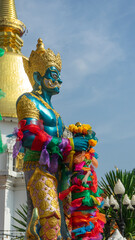 A blue angel statue stands guarding the temple.