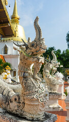 The statue of Phraya Naga in front of the white temple is made by craftsmen and villagers.