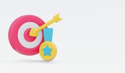 3D Rendering set of badge and target icon concept of goal with space for text isolated on white background. 3D Render illustration cartoon style.