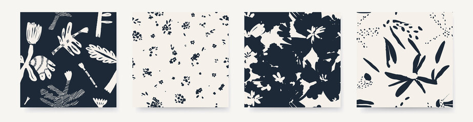 Minimalist black and white trendy floral abstract pattern set. Modern hand drawn vector template for design.