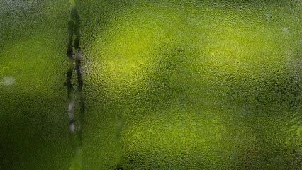 Water vapor on the glass is caused by the pouring rain. The background is green from the trees.
