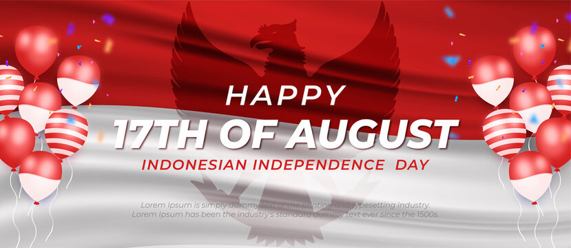 Happy independence 17th of august with balloons, indonesian flag and garuda on background