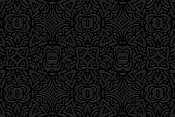 Embossed stylish floral black background, ethnic cover design. Geometric 3D pattern, arabesques. Modern texture idea in handmade style of the peoples of the East, Asia, India, Mexico, Aztecs, Peru.
