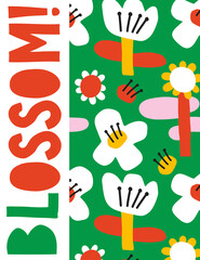 Blossom. Cute Abstract Floral vector Illustration with Hand Drawn Flowers on a Green Blackground. Infantile Style Bright Colors Print ideal for Card, Poster, Wall Art, Decoration.