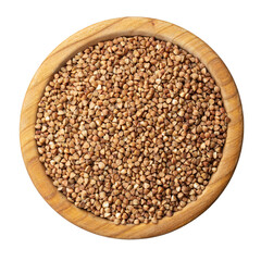 Buckwheat in a wooden bowl isolated on white. Top view.
