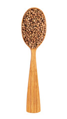 Buckwheat in a wooden spoon isolated on white. Top view.