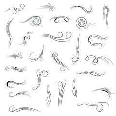 Big Set Black Collection Simple Line Winds Gust Squall Curl Doodle Outline Nature Element Vector Design Style Sketch Isolated Illustration
