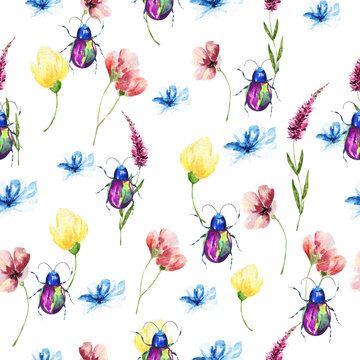 Hand drawn watercolor seamless pattern of bright colorful realistic butterflies,bug and flowers .Mixed media art.