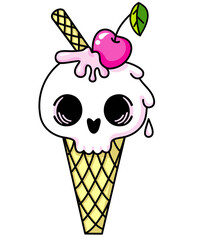 Ice cream with a cute Scull on a white background. Image of ice cream in a waffle bowl in the form of a skull. Color ice cream with skull head. Design concept for tattoo, print, cover. Vector