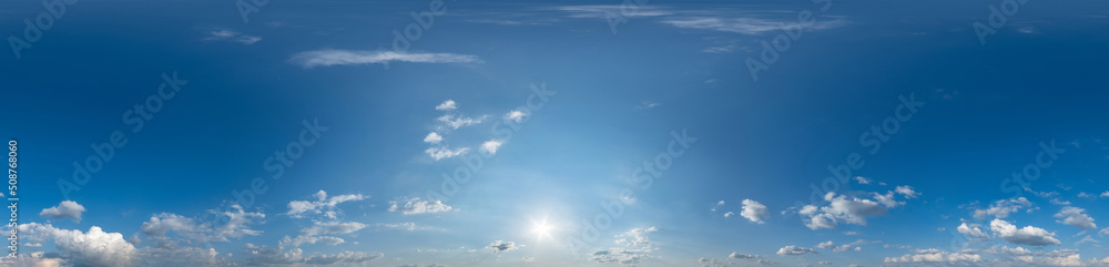 Wall mural blue sky hdri 360 panorama with white beautiful clouds. seamless panorama with zenith for use in 3d 