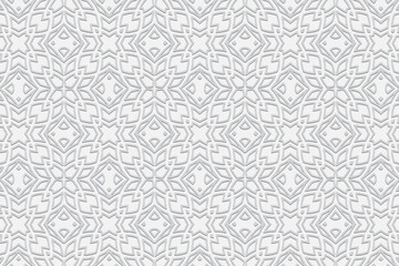 Embossed elegant white background, ethnic cover design. Geometric 3D pattern. Modern texture idea in handmade style of the peoples of the East, Asia, India, Mexico, Aztecs, Peru.