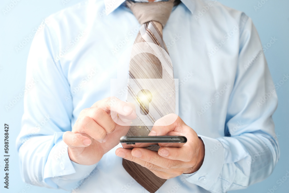 Poster hand use smartphone with cybersecurity is the concept of information security and encryption, secure