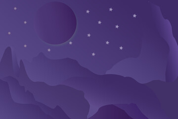 Vector Background between mountains, aurora in the Arctic, night boreal Moon Star