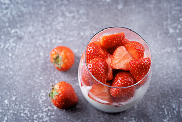 Greek yogurt Chia seeds strawberry and raspberry parfait in a glass