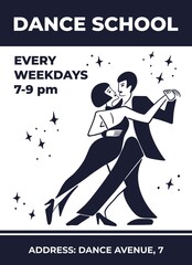 Dance school poster, leaflet template. Hot man and woman dancing the tango dance on the stage with a stars around. Flat hand drawn minimal vector illustration.