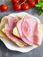 meat sandwich pork ham sausage fresh meal food snack on the table copy space food background rustic