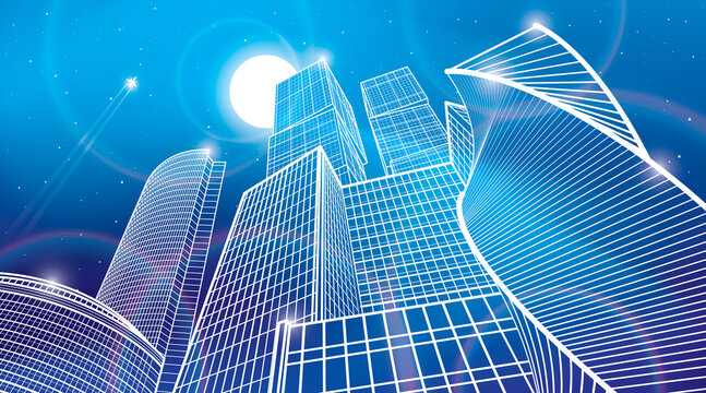 Business building, neon city, urban life, infrastructure illustration, modern architecture, skyscrapers, airplane flying, vector design art