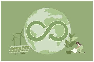 Circular economy concept, global with circular economy icon, wind turbines and solar panel. Sustainable strategy of eliminate waste, renewable and reuse natural resources vector illustration