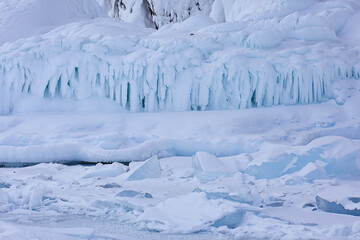 Fototapeta na wymiar ice splashes baikal rocks, abstract winter view