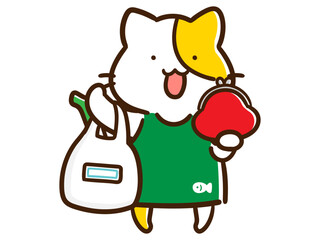 スーパーに買い出しに行くかわいい主婦ねこのデフォルメ手書きイラスト