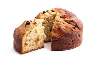 Homemade cake with raisins and nut isolated on white