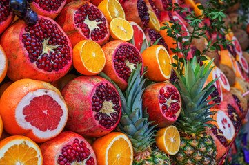 ISTANBUL, TURKEY - January 2022: Citrus fruits and Pineapple of fresh juice shop