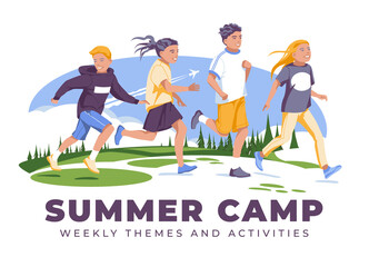 Summer camp for schoolchildren. Happy children running and jumping on the background of an open field with coniferous forest and sky. Flat vector illustration