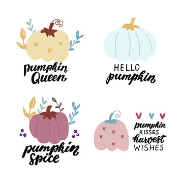 Cute pumpkins set with quotes. Hello pumpkin. Pink pumpkin, blue pumpkin. Autumn seasonal harvest blessing thanksgiving holidays illustration. Hand painted vector isolated on white background