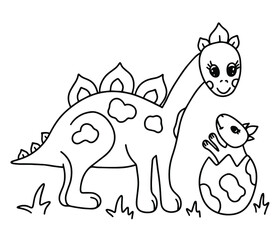 Fototapeta premium Coloring book page with cute dinosaur mom and baby in egg