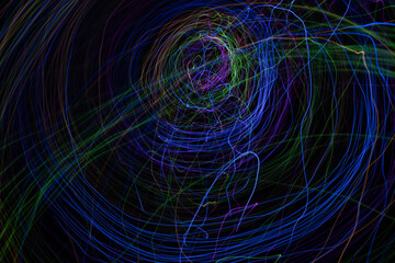 Light painting Abstract colorful irregular lines or patterns on black background with long exposure.