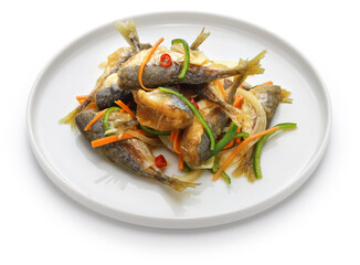 small fish escabeche ( deep fried horse mackerel marinated in spicy vinegar sauce )