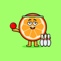 Cute cartoon orange fruit character playing bowling in 3d modern style design